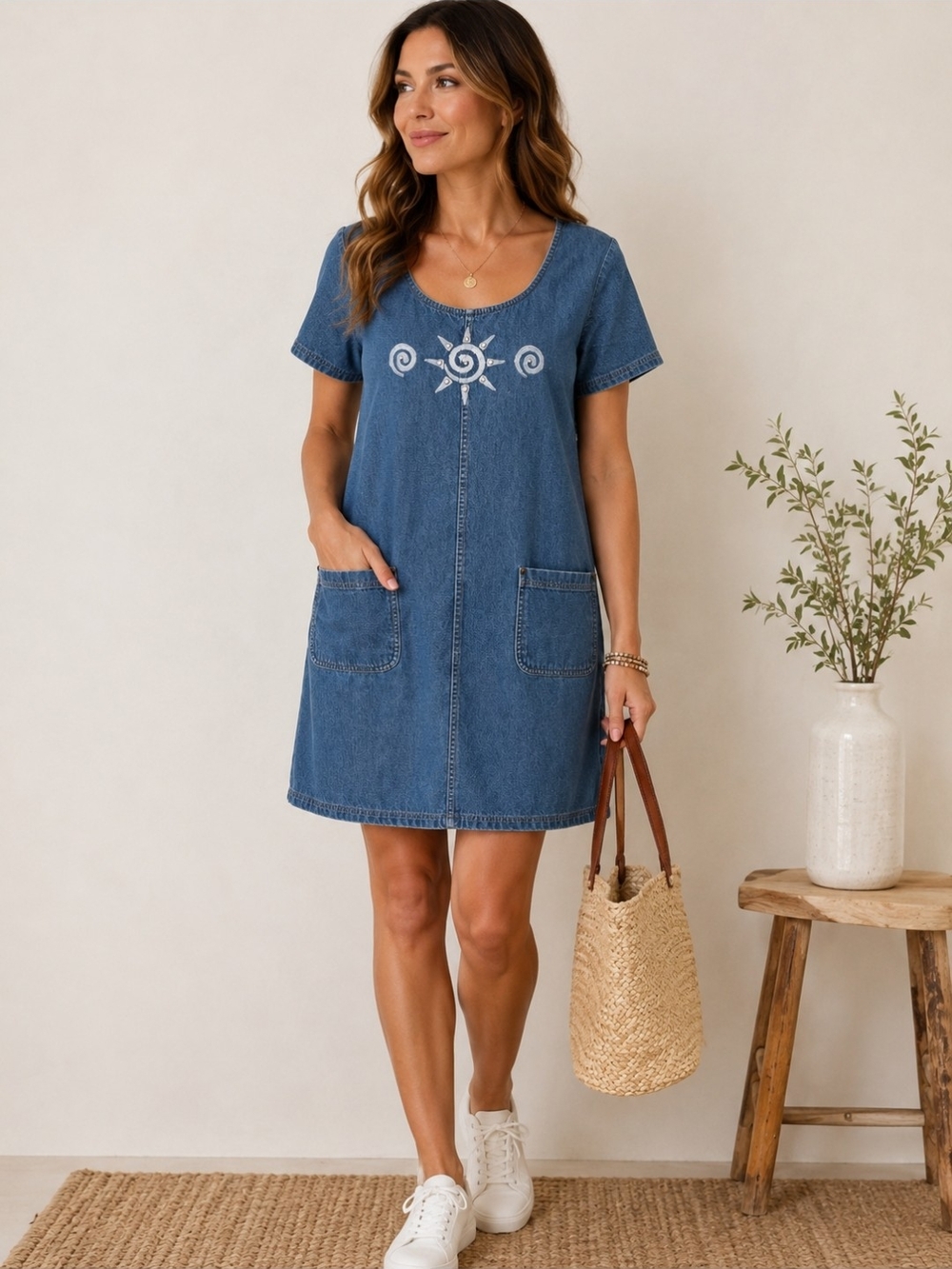 Vintage Denim Medium Wash Embroidered Sunburst Tunic Dress with  Patch Pockets